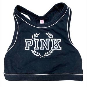 Victoria's Secret PINK Black w/ White Logo Crop High Neck Cotton Sports Bra XS
